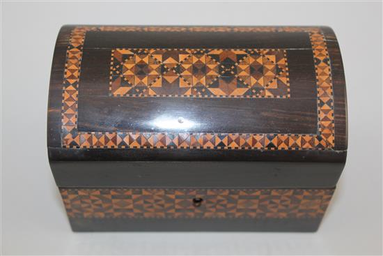 A Tunbridge ware coromandel half square mosaic banded triple scent bottle box, 5.25in.